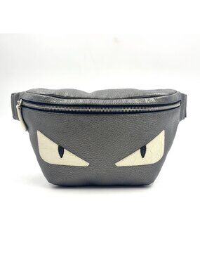 Fendi Bugs Monster Eye Leather Gray White Belt Bag Silver
